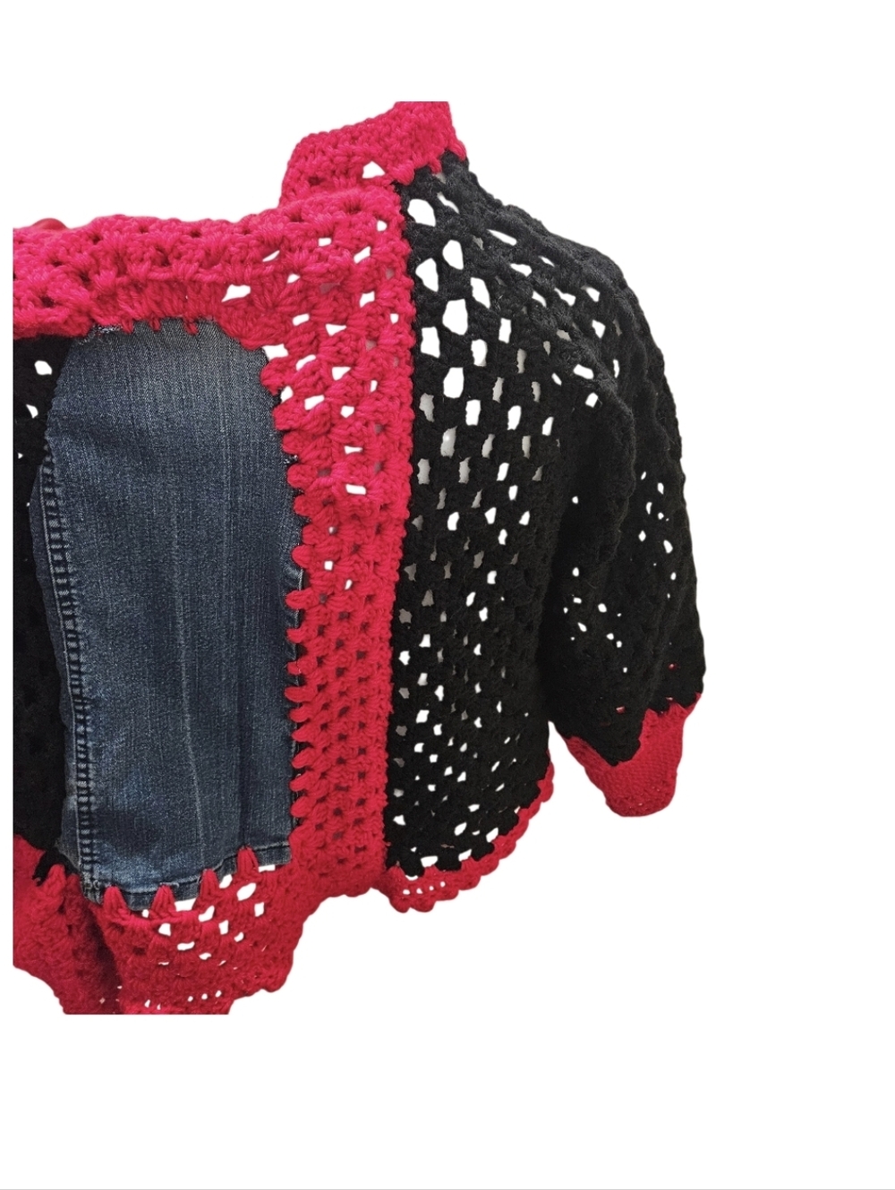 Women Granny Square Punk Cardigan Skull DJ Upcycled Denim Crochet Jacket Boho - Picture 3 of 16